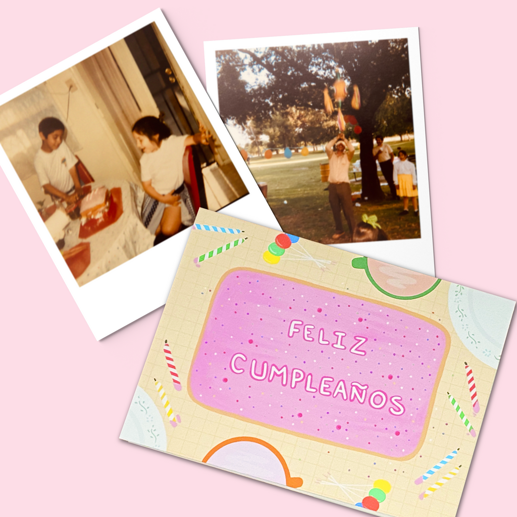 Two polaroid style photos of birthday parties set on a pink background with a "feliz cumpleaños" greeting card just overlapping them below. The photo on the left shows two children at a table with a pink birthday cake. The photo on the left shows and adult male hitting a piñata at a park.
