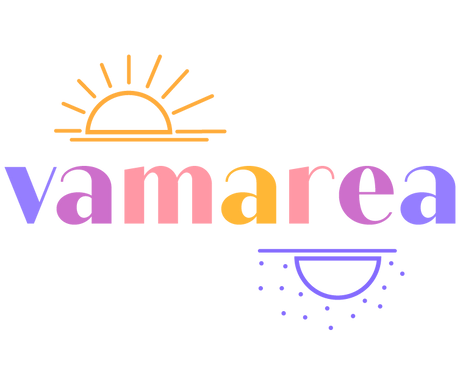 Logo consisting of the word vamarea with each letter a hue of purple, pink, or orange. At the top left of the word is a stylized icon of a sunset made up of orange lines and on the bottom left is a purple upside down moon with dots representing stars around it also made up of lines and dots.